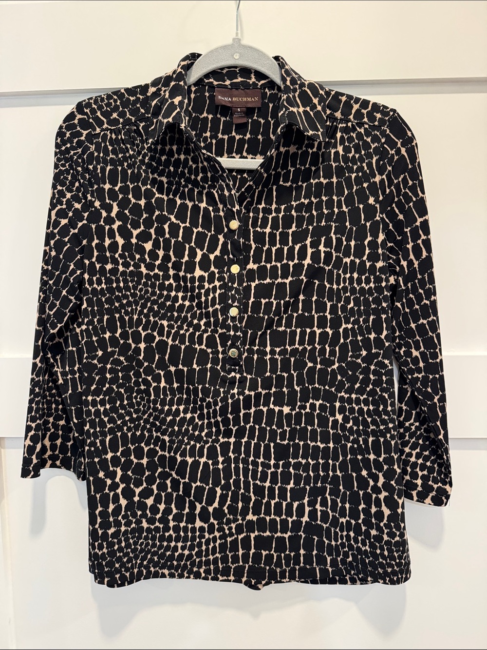 Dana Buchman Black and Cream Patterned Button-Front Blouse